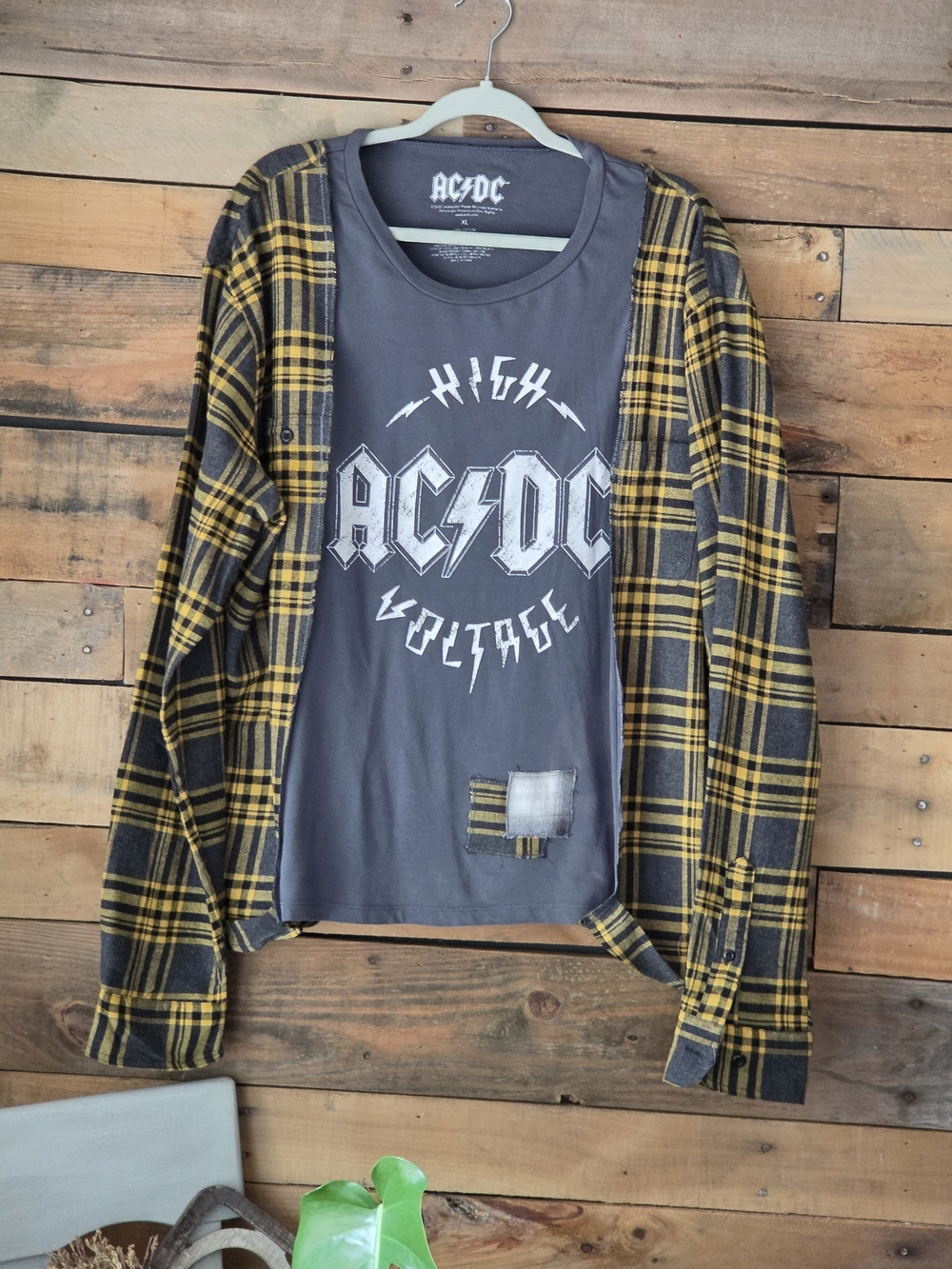 Upcycled AC/DC  High Voltage Grey Graphic Tee with Yellow Plaid Sleeves. - Picture 3 of 12